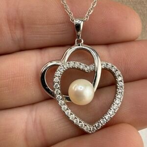 Heart Pendant Necklace Silver Pearl CZ Double Heart Women Signed  18 In